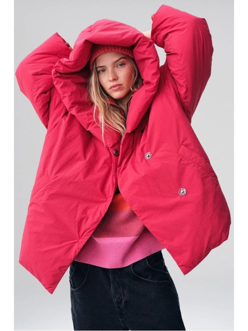 Free People Cozy Cloud Puffer Jacket Size XS Cherry Tomato Hooded Button Front